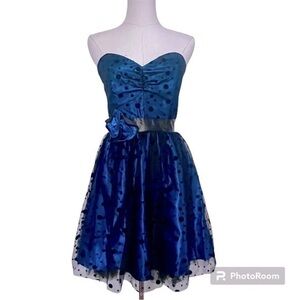 Gunne Sax Jessica McClintock VTG Mini Strapless Dress Blue Black Dot Tulle Satin